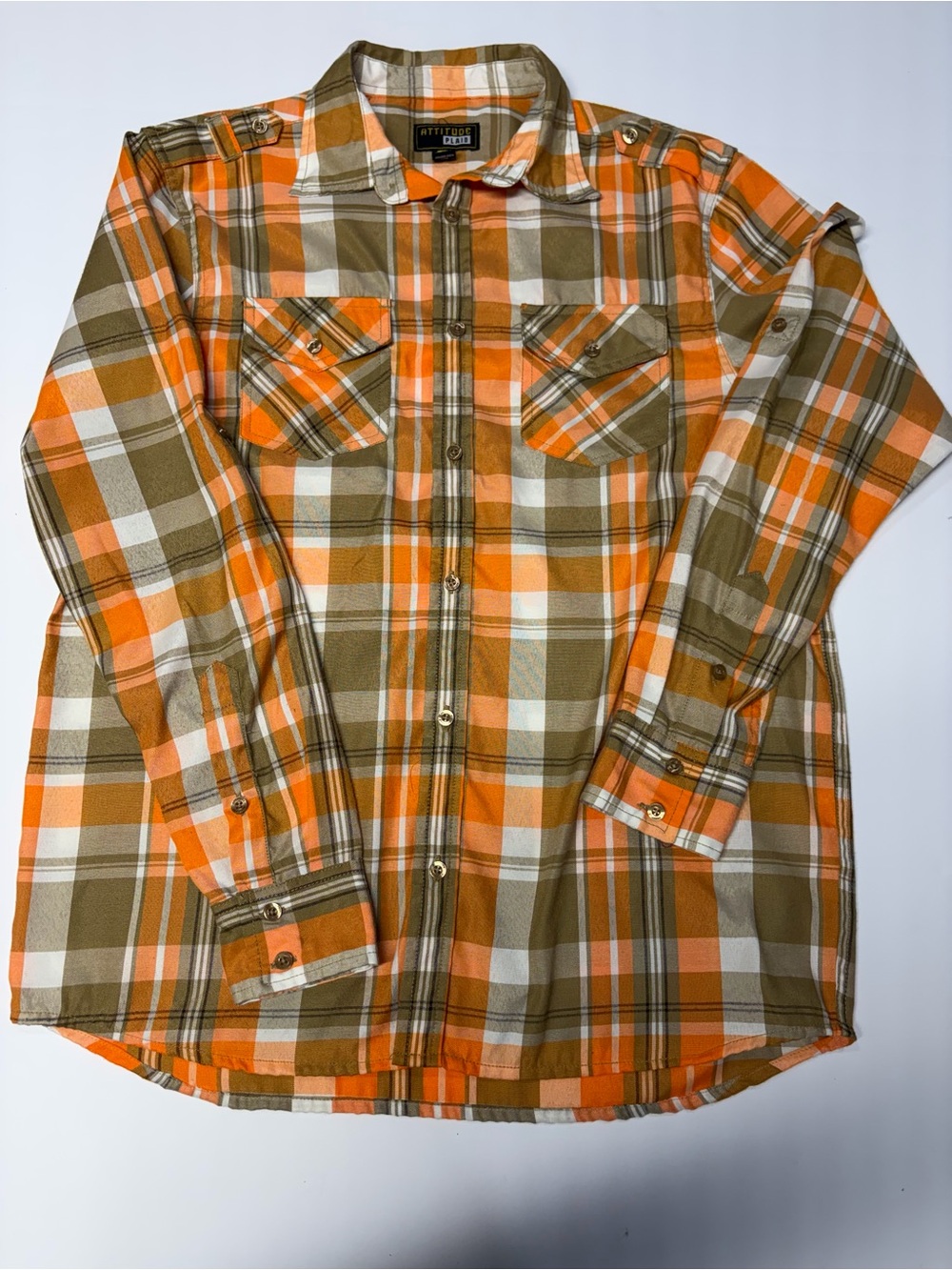 Attitude Plaid Men's Shirt Size Large Orange Brown Utility Military